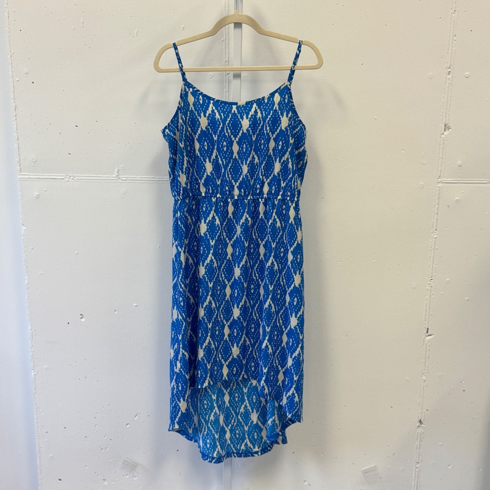 LOFT Ann Taylor Blue White Ikat Diamond High Low Midi Dress Size 10 333733